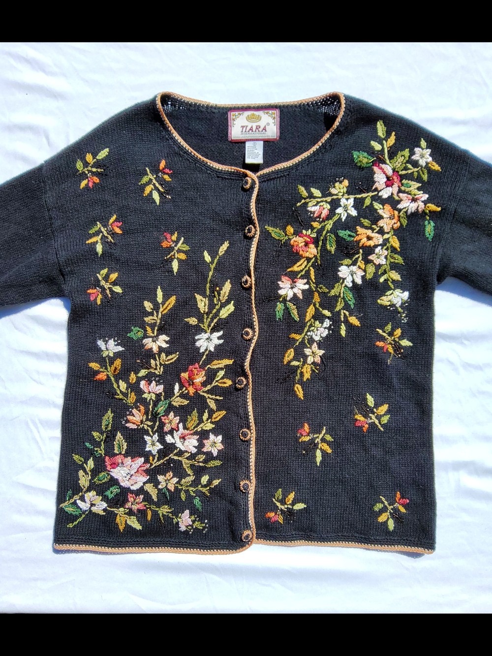 Vintage TIARA International Embroidered Beaded Floral Button Front Cardigan